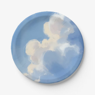 Plato De Papel Cielos Nublados   Pintura Acuarela Azul