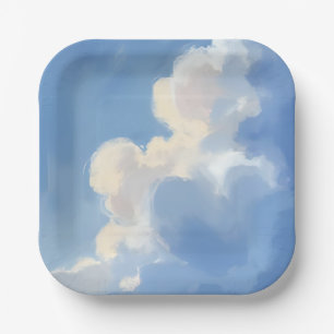 Plato De Papel Cielos Nublados   Pintura Acuarela Azul