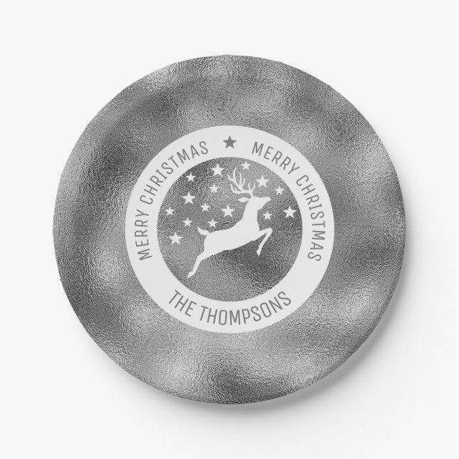 Plato De Papel Ciervo Blanco - Aspecto de Lámina de Plata Falsa ( (Anverso)