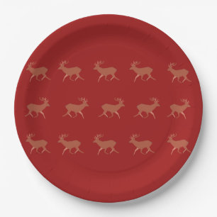 Plato De Papel Ciervo Caminando Patrón Festivo Fondo Rojo Marrón