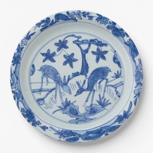 Plato De Papel Ciervo Chinoiserie Azul y Blanco Falso China (Anverso)