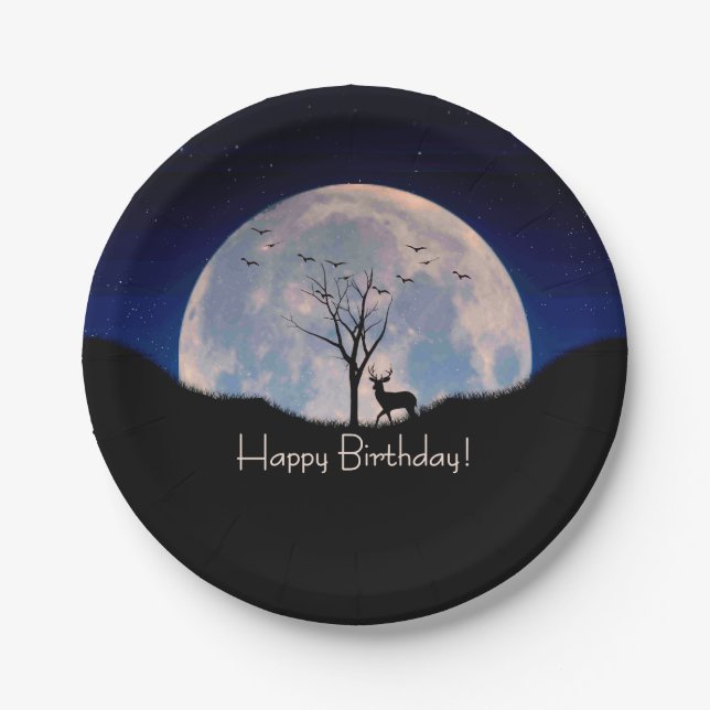 Plato De Papel Ciervo con Cornamenta Grande Contra Luna Llena Fel (Anverso)