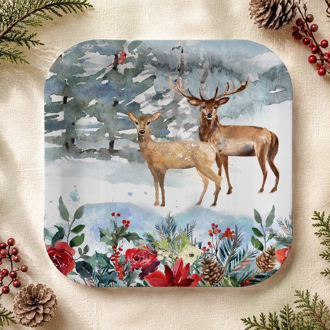 Plato De Papel Ciervo de Navidad en el bosque (Woodland Deer Christmas Paper Plates)