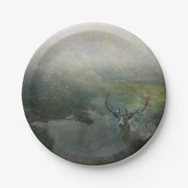 Plato De Papel Ciervo del bosque rústico junto al estanque del bo