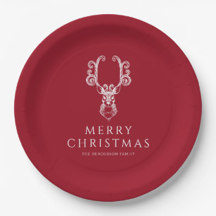 Plato De Papel Ciervo Rojo Festivo Feliz Navidad 