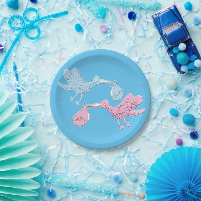 Plato De Papel Cigüeñas rosas azules (Fiesta)