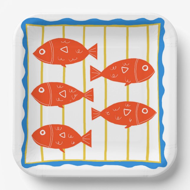 Plato De Papel Cinco diseños náuticos de peces divertidos (Anverso)