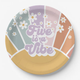 Plato De Papel Cinco es una Vibra Retro Sol Rainbow Daisy