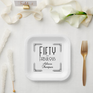 Plato De Papel Cincuenta Fabulosos Cumpleaños 50 Art Déco Blanco 