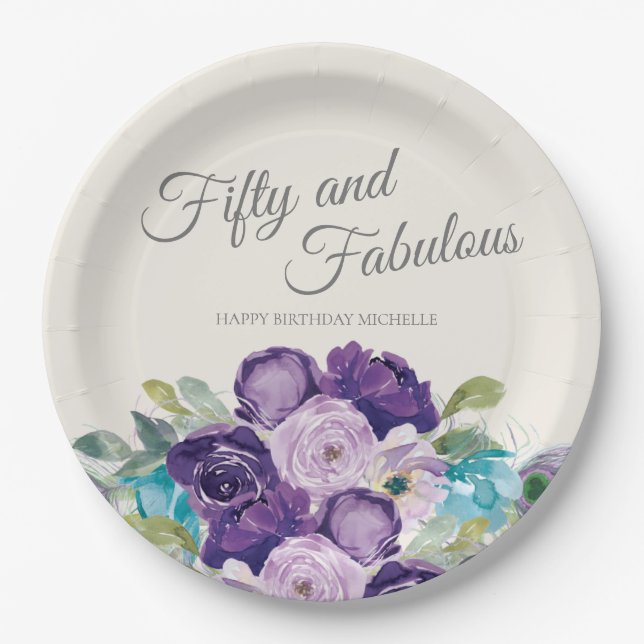 Plato De Papel Cincuenta fabulosos cumpleaños morado azul floral  (Anverso)