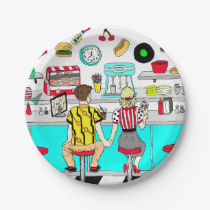 Plato De Papel Cincuenta puentes de Diner Nostalgic Pareja Manos 