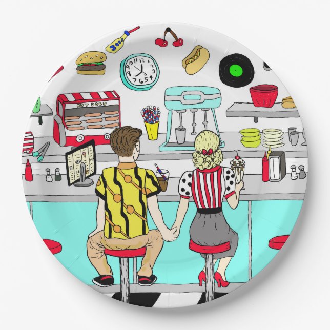 Plato De Papel Cincuenta puentes de Diner Nostalgic Pareja Manos  (Anverso)