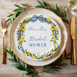 Plato De Papel Cinta azul lemon lazo ducha de novia monogramada<br><div class="desc">Cinta de lemones azul con lazo coqueta con ducha de novia plantilla personalizada de placas de papel,  limones cítricos ducha de novia azul y amarilla monogramada plantilla de placas de papel; platos fiestas de ducha de novia de verano,  limones italianos personalizados decoración de mesa personalizada</div>