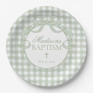 Plato De Papel Cinta Coqueta de Gingham Verde Bautizo