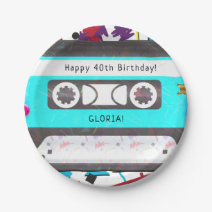 Plato De Papel Cinta de Casete Retro Tema Cumpleaños Años 80 90