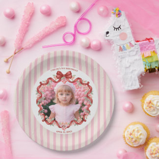 Plato De Papel Cinta de Coqueta de Cereza Dulce Cumpleaños Rosa N