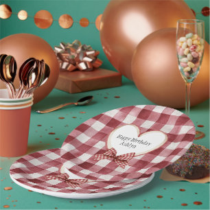 Plato De Papel Cinta de Cumpleaños Corazón Rojo Burgundy Blanco