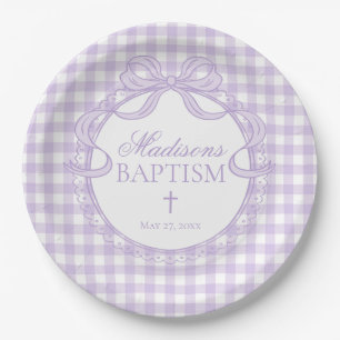 Plato De Papel Cinta de encaje de gingham morado para bautizo