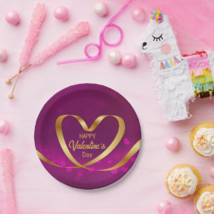 Plato De Papel Cinta de oro del corazón feliz día de San Valentín