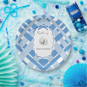Plato De Papel Cinta de oso para baby shower de niño a cuadros az