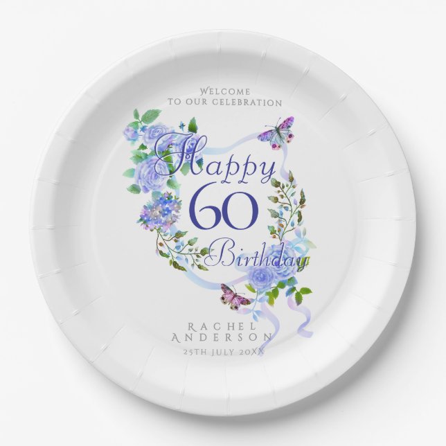 Plato De Papel Cinta de Rosa Azul Cumpleaños 60 (Anverso)