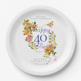 Plato De Papel Cinta de Rosa Dorada Cumpleaños 40