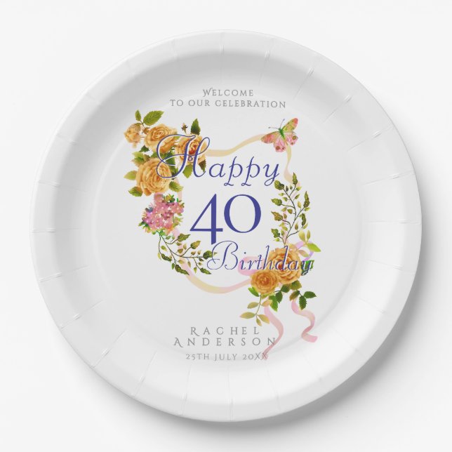 Plato De Papel Cinta de Rosa Dorada Cumpleaños 40 (Anverso)