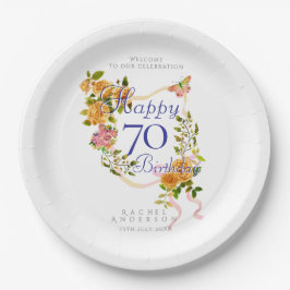 Plato De Papel Cinta de Rosa Dorada Cumpleaños 70