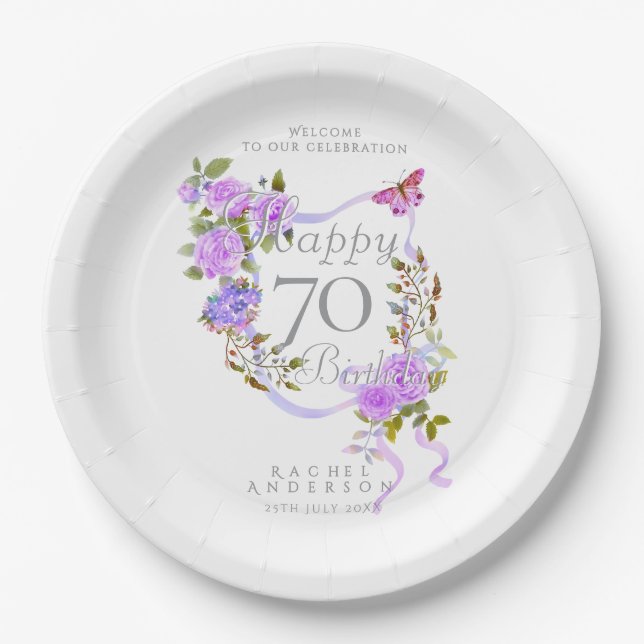 Plato De Papel Cinta de Rosa Púrpura Cumpleaños 70 (Anverso)