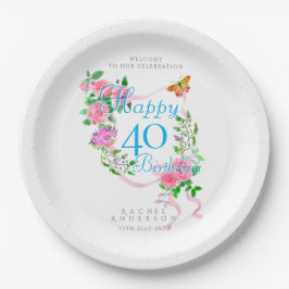 Plato De Papel Cinta de Rosa Rosa Cumpleaños 40