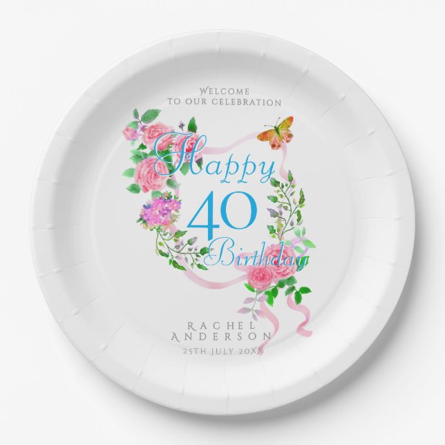 Plato De Papel Cinta de Rosa Rosa Cumpleaños 40 (Anverso)