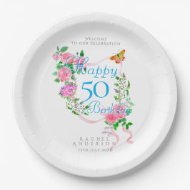 Plato De Papel Cinta de Rosa Rosa Cumpleaños 50
