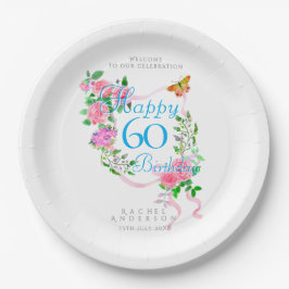Plato De Papel Cinta de Rosa Rosa Cumpleaños 60
