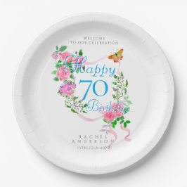 Plato De Papel Cinta de Rosa Rosa Cumpleaños 70