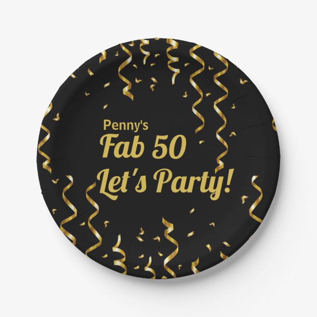 Plato De Papel Cinta Fab Black and Gold 50th Birthday Party (Anverso)