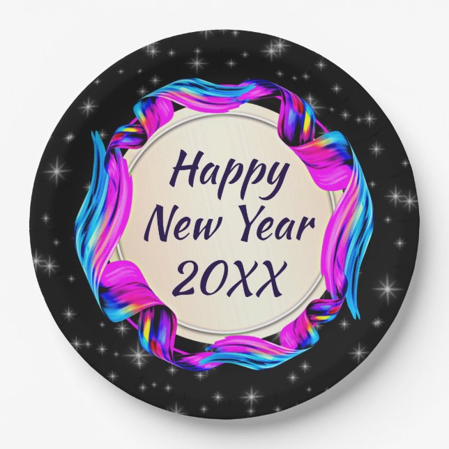 Plato De Papel Cinta pintada en cielo nocturno Feliz Año Nuevo 20 (Anverso)