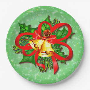 Plato De Papel Cinta roja Holly verde de las campanas de oro de l