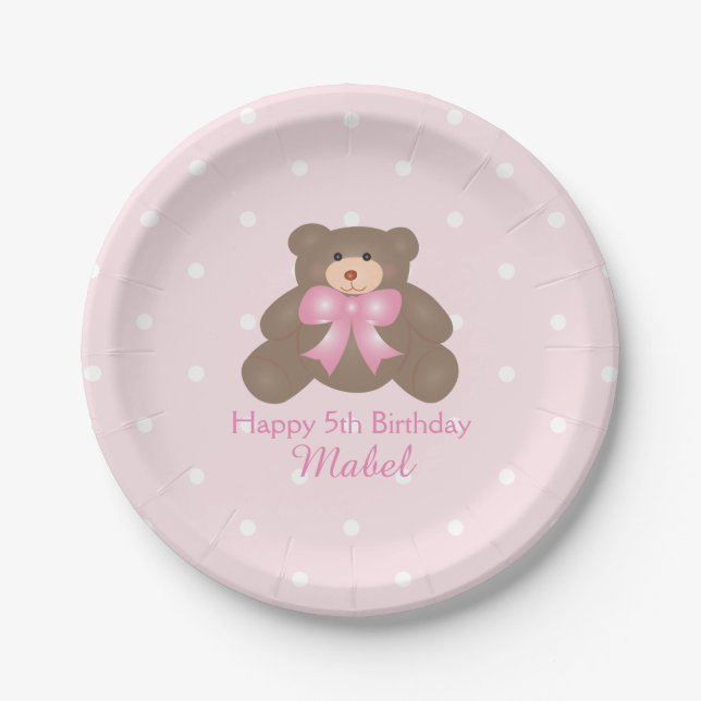 Plato De Papel Cinta Rosa Cute Teddy Bear Chica de cumpleaños (Anverso)