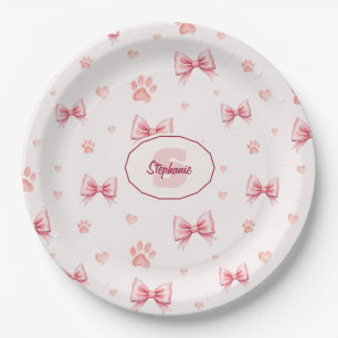 Plato De Papel Cinta rosa, patrón de impresión de corazón y pasto