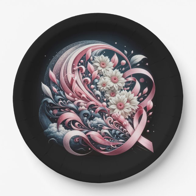 Plato De Papel Cinta rosa y ramo de margarita (Anverso)