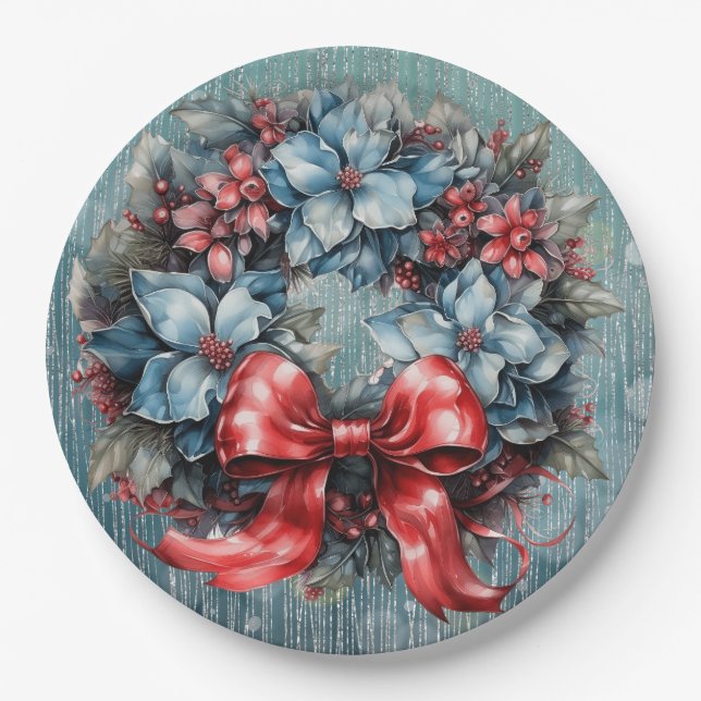 Plato De Papel Cinta Wreath azul y roja (Anverso)