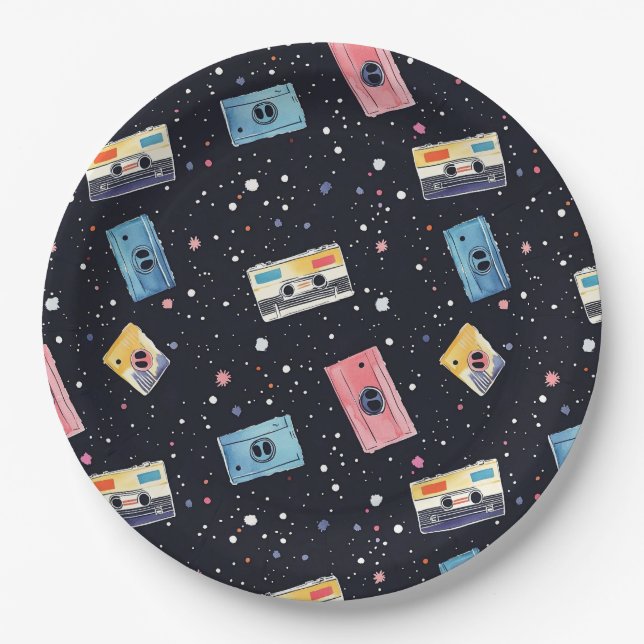 Plato De Papel Cintas de cassette retro en espacio cósmico (Anverso)