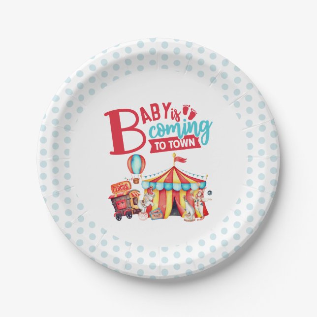 Plato De Papel Circo azul del Carnaval Baby Shower (Anverso)