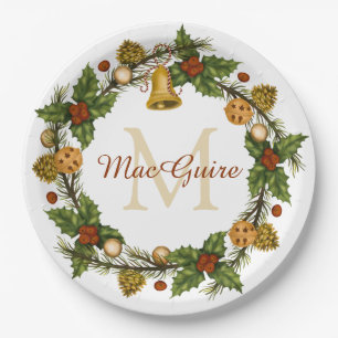 Plato De Papel Círculo de Navidad Elegante Vintage Inicial Monogr