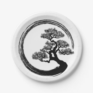 Plato De Papel Círculo del zen de Enso y árbol de los bonsais