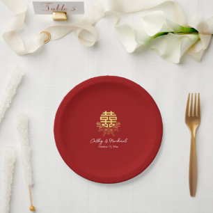 Plato De Papel Círculo doble felicidad flor matrimonio chino