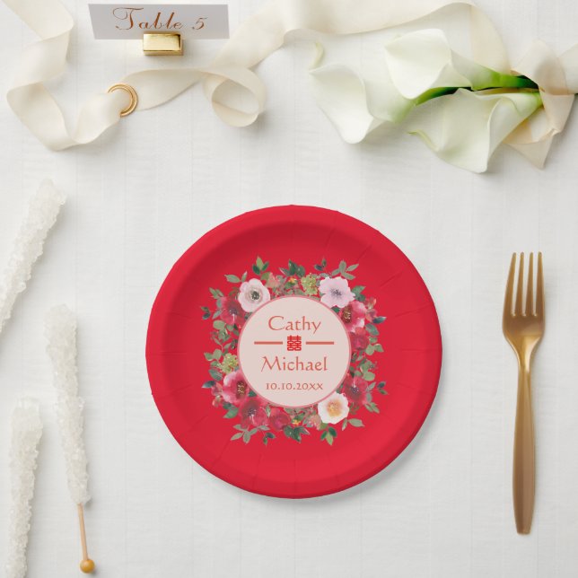 Plato De Papel Círculo rojo floral corona boda chino moderno (Boda)