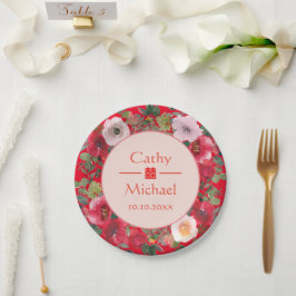 Plato De Papel Círculo rojo floral corona boda chino moderno