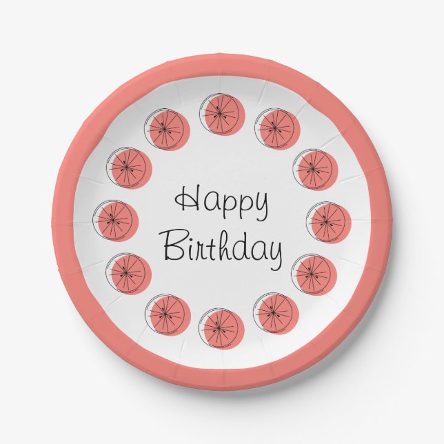 Plato De Papel Círculo Rosa Cítrico Feliz Cumpleaños (Anverso)