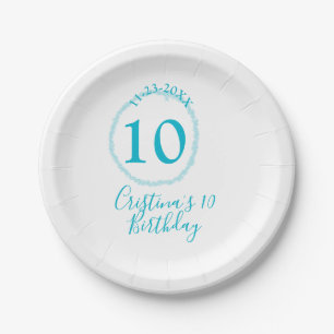 Plato De Papel Círculo turquesa. Purpurina redondo 10 años audaz